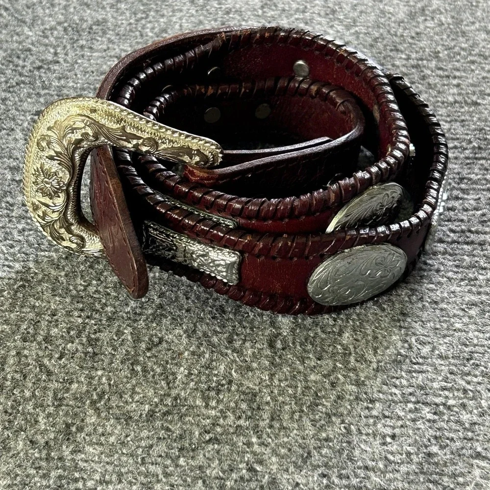 Brown Tooled Leather Western Belt Mens 34 Concho Silver Buckle Floral Laced VTG